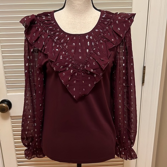 Loft Shimmer Dotted Ruffle Yoke Mixed Media Top in Crushed Blackberry, Size Med - Picture 5 of 17